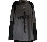 Goth Shirt Cross Print Shirt Gothic Shirt Fake Two Piece Alternative Goth Long Sleeve Top Grunge Clothes, Grey, Medium