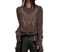 Goth Shirt for Women Long Sleeve Vintage Cross Print Crop Top Crewneck Aesthetic Slim Cropped Blouse Tee Grunge Clothes (B, Small)