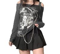 Goth Shirt for Women Long Sleeve Vintage Cross Print Crop Top Crewneck Aesthetic Slim Cropped Blouse Tee Grunge Clothes (Grey, L)