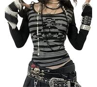 Goth Shirt for Women Long Sleeve Vintage Cross Print Crop Top Crewneck Aesthetic Slim Cropped Blouse Tee Grunge Clothes (Black#1, S)