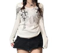 Goth Shirt for Women Long Sleeve Vintage Cross Print Crop Top Crewneck Aesthetic Slim Cropped Blouse Tee Grunge Clothes (z-White#1, XL)