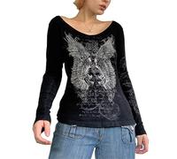 Goth Shirt for Women Long Sleeve Vintage Cross Print Crop Top Crewneck Aesthetic Slim Cropped Blouse Tee Grunge Clothes (Black#2, S)