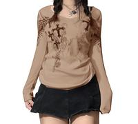 Goth Shirt for Women Long Sleeve Vintage Cross Print Crop Top Crewneck Aesthetic Slim Cropped Blouse Tee Grunge Clothes (z-Brown#1, S)