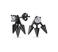 Goth Triple Spike Point Arrow Cubic Zirconia Jacket Stud Earrings For Women Black Plated .925 Sterling Silver