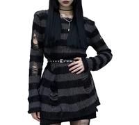 Goth Y2K Distressed Striped Sweater Ripped Punk Gothic Long Sweaters for Women Harajuku Aesthetic Halloween Pullover Tops, Grey and Black, M