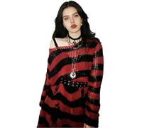 Goth Y2K Striped Sweater Grunge Ripped Punk Gothic Sweaters for Women Harajuku Aesthetic Halloween Pullover Tops, Red and Black, One size