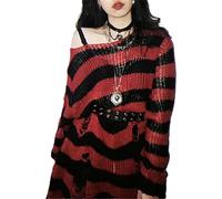 Goth Y2K Striped Sweater Grunge Ripped Punk Gothic Sweaters for Women Harajuku Aesthetic Halloween Pullover Tops, Red and Black, One size
