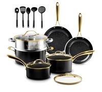 Gotham Steel 15 Pc Ceramic Pots and Pans Set Non Stick, Kitchen Cookware Sets, Pot and Pan Set, Ceramic Cookware Set, Non Toxic Cookware Set, Non Stick Pots and Pan Set, Dishwasher Safe - Black Gold
