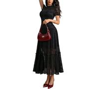GothDark Womens Elegant Vintage Floral Lace Dress Short Sleeve Double Layer Gothic Midi Wedding Guest Cocktail Dresses Black
