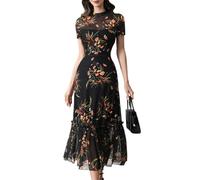 GothDark Women's Long Black Dress Short Sleeve Sheer Mesh A Line Casual Vintage Boho Winter Gothic Wedding Guest Dress