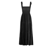 Gothden Summer Boho Midi Dress for Women's Square Neck Ruffle Tiered Flowy Smocked Sundress A-Black