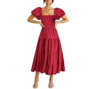 Gothden Women Casual Summer Dress Puffy Short Sleeve Square Neck Smocked Tiered Ruffle Dresses