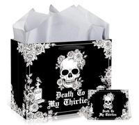 Gothic 40th Birthday Gift Bag, Death To My Thirties Gift Bag with Greeting Card and Tissue Paper, Skull Rose Design, Edgy Vibe for Milestone 30th Birthdays and Punk Themed Parties