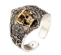 Gothic 925 Sterling Silver Golden Skull Ring Engraved Fleur de lis Pinky Ring for Men Women Open Adjustable Size L