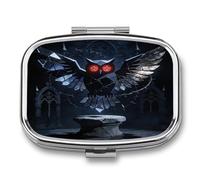 Gothic Abstract Owl Pill Case 2 Compartment Small Pill Box Metal Portable Medicine Box Mini Medication Organizer Storage Travel Organizer for Pocket Purse