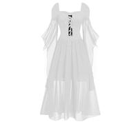 Gothic Accessories for Women Womens Halloween New Mesh Lace Big Swing Dress Solid Color Long Dress Solid Wine Party Black Witch Costume (White, M)