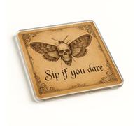 Gothic Acrylic Coaster Gift for Halloween - Vintage Design with Skulls and Moths, Unique Home Decor Accessory