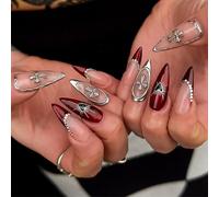 Gothic Almond Press On Nails - 24Pcs Medium Long Stiletto False Nails with Silver Cross Accents, Handmade Full Cover French Tip Set for Holiday Art