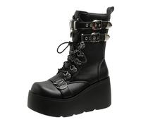 Gothic Ankle Boots Women, Womens Chunky Ankle Boots Goth Platform Wedge Booties with Side Zip Lace Up Round Toe Zipper High Heels Rave Buckle Combat Thick Sole Y2K Gothic Shoes for Ladies Girls Black