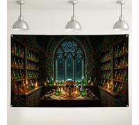 Gothic Apothecary Wall Backdrop, Vintage Dark Green Potion Decorations, Spooky Halloween Photo Background, Mysterious Indoor/Outdoor Event Supplies 71x43 Inch