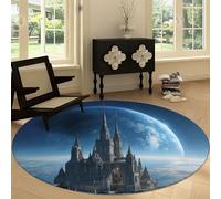 Gothic Architecture Castle Space Planets Washable Carpet Anti-slip Round Rug 120 cm, Multicoloured Non-slip Area Rug for Living Room - Soft Low-Pile Circle Carpet for Dining Room Laundry Playroom