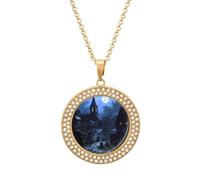 Gothic Architecture Church Cemetery Fashion Necklace Chain Round Graphic Pendant with Diamond Jewellery Golden-style