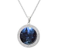Gothic Architecture Church Cemetery Fashion Necklace Chain Round Graphic Pendant with Diamond Jewellery Silver-style