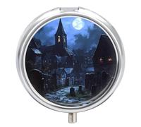 Gothic Architecture Church Cemetery Round Pill Box Organiser 3 Compartment Portable Medicine Case