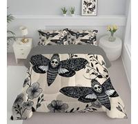 Gothic Art Coverless Duvet Double - 200x200cm - Death'S-Head Moth Soft Comfy Duvet with Pillowcase Down Alternative Reversible Comforter Set - Machine Washable & Durable Charcoal Gray