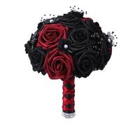 Gothic Artificial Flower, Fake Halloween Black Roses with Stem, Realistic Bridal Bouquet for Wedding, Halloween, Gothic Party, Home Decoration (B, 18cmx18cmx25cm)