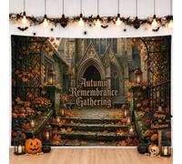 Gothic Autumn Gathering Quote Architecture Backdrop Banner 83x59 Inch | Autumn Leaves, Photography Backdrop, Stone Stairs, Vintage Lanterns, Gothic Entrance, Seasonal Foliage