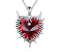 Gothic Barbed Wire Necklace S925 Sterling Silver Red Crystal Barb Wire Heart Pendant Spiked Heart Punk Necklaces for Women Men Unisex Goth Jewellery
