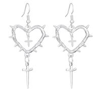Gothic Barbed Wire Thorn Heart Earrings Punk Metal Thorns Heart Mesh Earrings for Women Men, Metal, metal