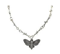 Gothic Barbed Wire Thorn Skull Moth Necklace Goth Luna Moth Thorn Necklace Silver Black Punk Style Hip-Hop Metal Mesh Necklace Halloween Jewelry for Women Men, Zinc, No Gemstone