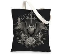 Gothic Bat Canvas Tote Bags, Vintage Floral Cross Pattern Reusable Shopping Bags, Lightweight Washable Shoulder Strap Canvas Bags for Travel Outdoor Picnic 13x15 Inch
