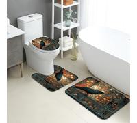 Gothic Bathroom Mat Sets 3 Piece, Black Raven Stained Glass Absorbent Non Slip Toilet Rugs U Shaped Washable, Autumn Decorative Quick Dry Memory Foam Bathroom Rug Set