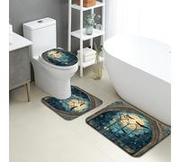 Gothic Bathroom Mat Sets 3 Piece, Dark Blue Stained Glass Non Slip Toilet Rugs U Shaped Washable, Medieval Inspired Quick Dry Memory Foam Bathroom Rug Set