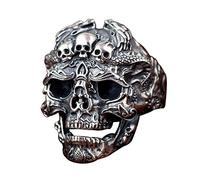 Gothic Black 925 Sterling Silver Skull Head Ring with Dragons for Men Women Open and Adjustable