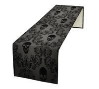 Gothic Black Damask Table Runner, Vintage Floral Exotic Suger Skull Bone Skeleton Bohemian Antique Victorian Baroque Dinner Runner for Farmhouse Party Holiday Home Kitchen Dining Table Decor 13"x90"