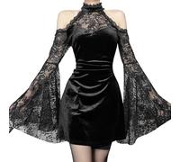 Gothic Black Dress for Women Bat Wing Sleeve Witchy Halloween Cosplay Costumes Halter Neck Harajuku Victorian Dresses Slim Fit Renaissance Velvet Lace Clothes S