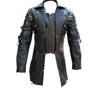 Gothic Black Leather Trench Coat, Long Steampunk Style with Buckles and Lace-up Sleeves, Men's Alternative Fashion Jacket (UK, Alpha, 4XL, Regular, Regular, Standard, Black)
