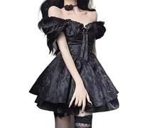 Gothic Black Mini Dress Women Vintage Sexy Spaghetti Strap High Waist Dresses 90s Egirl Punk Grunge Slim Party Club Dress Women-Black,S