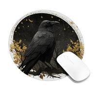 Gothic Black Raven Desk Mouse Pad, Dark Night Sky with Stars Stitched Edge Mousepad, Rubber Non-Slip Washable Gaming Mouse Pad for Home and Office Computer, Laptop Round 8x8 Inch