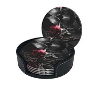 Gothic Black Roses Print Chic Round Leather Coasters â€“ Set Of 6 Full-Print Coasters In A Premium Pu Leather Storage Box