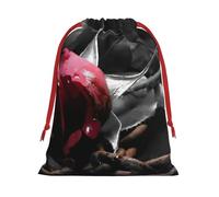 Gothic Black Roses Print Christmas Drawstring Gift Bags, Xmas Holiday Fabric Gift Wrapping Bag For Party, Size-L