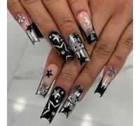 Gothic Black Silver Star Cross Kitty Design French Tip False Nails Long Coffin Shape - Full Coverage Press On Nails Set with Accessory Tools for Women, Removable Stick On Fake for Parties and Events