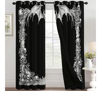 Gothic Blackout Curtains Bedroom 66x72, Bat Skull Curtains for Home Decor, Living Room, Thermal Eyelet Patterned Window Drapes, 72 Inch Drop 2 Panels UD133
