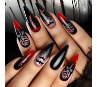Gothic Blood Drip Artificial Nails With Skull & Rose Motifs Long Lasting Halloween Manicure Set 24pcs Halloween Nail Red Rose Bat Blood Drip Design