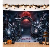 Gothic Blood Moon Arch Halloween Backdrop Banner 83x59 Inch | Blood Moon Scenery, Photography Backdrop, Gothic Ruins, Raven Accents, Ethereal Spirit Motifs, Dark Fantasy Atmosphere