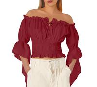 Gothic Blouse for Corset Pirate Women, Ladies Medieval Shirt Renaissance Tops Long Sleeve Off The Shoulder Shirts Retro Peasant Blouse Smocked Red L
